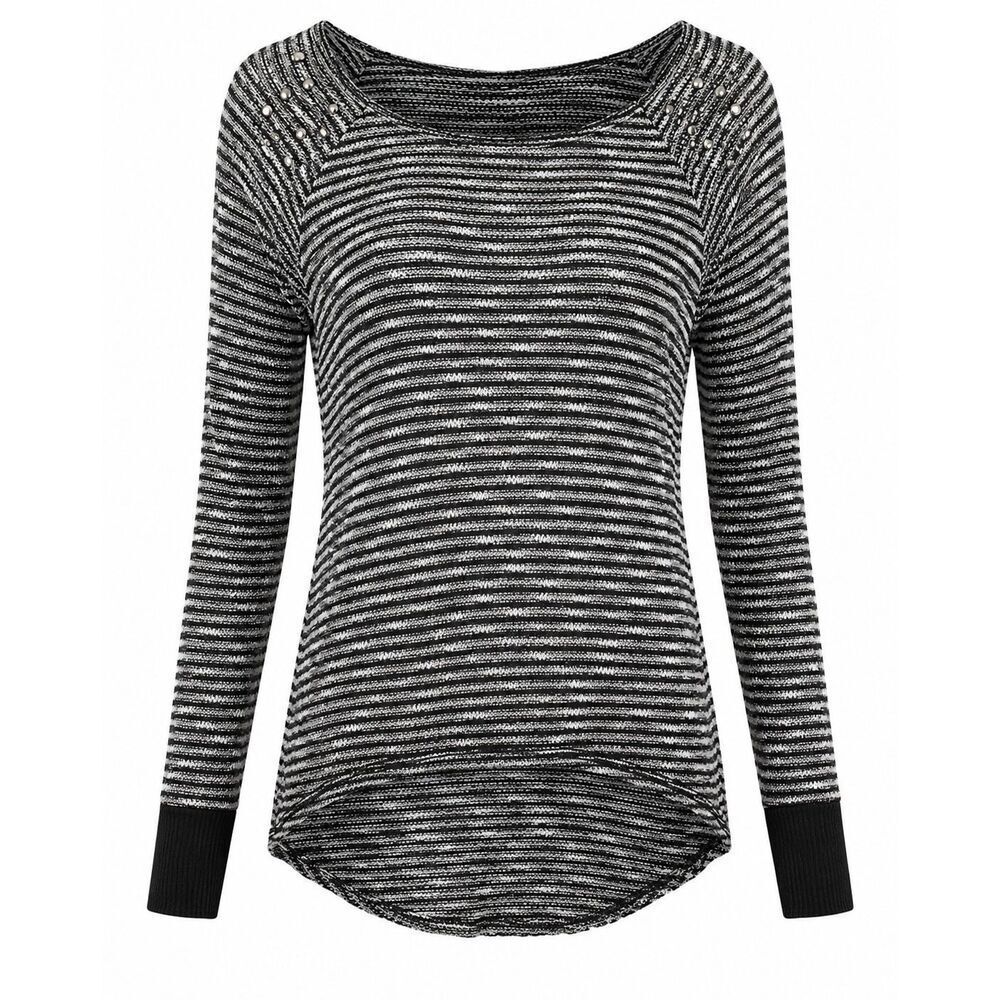 FANG Womens Striped Sweater Women Size M Embellished Studded Textured Top Hi Low